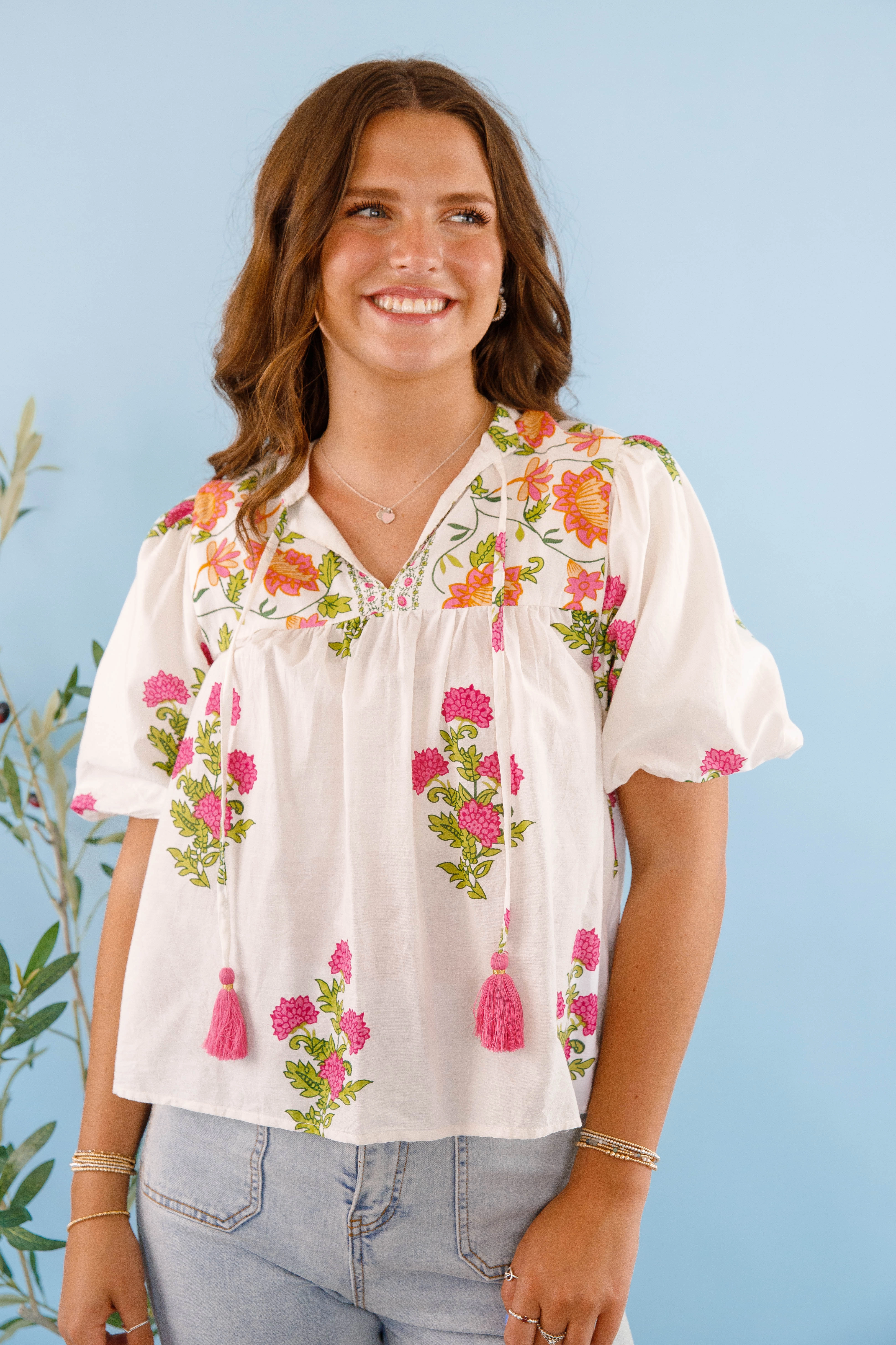 On The Move Blouse-White Flexible Waistband Adaptation