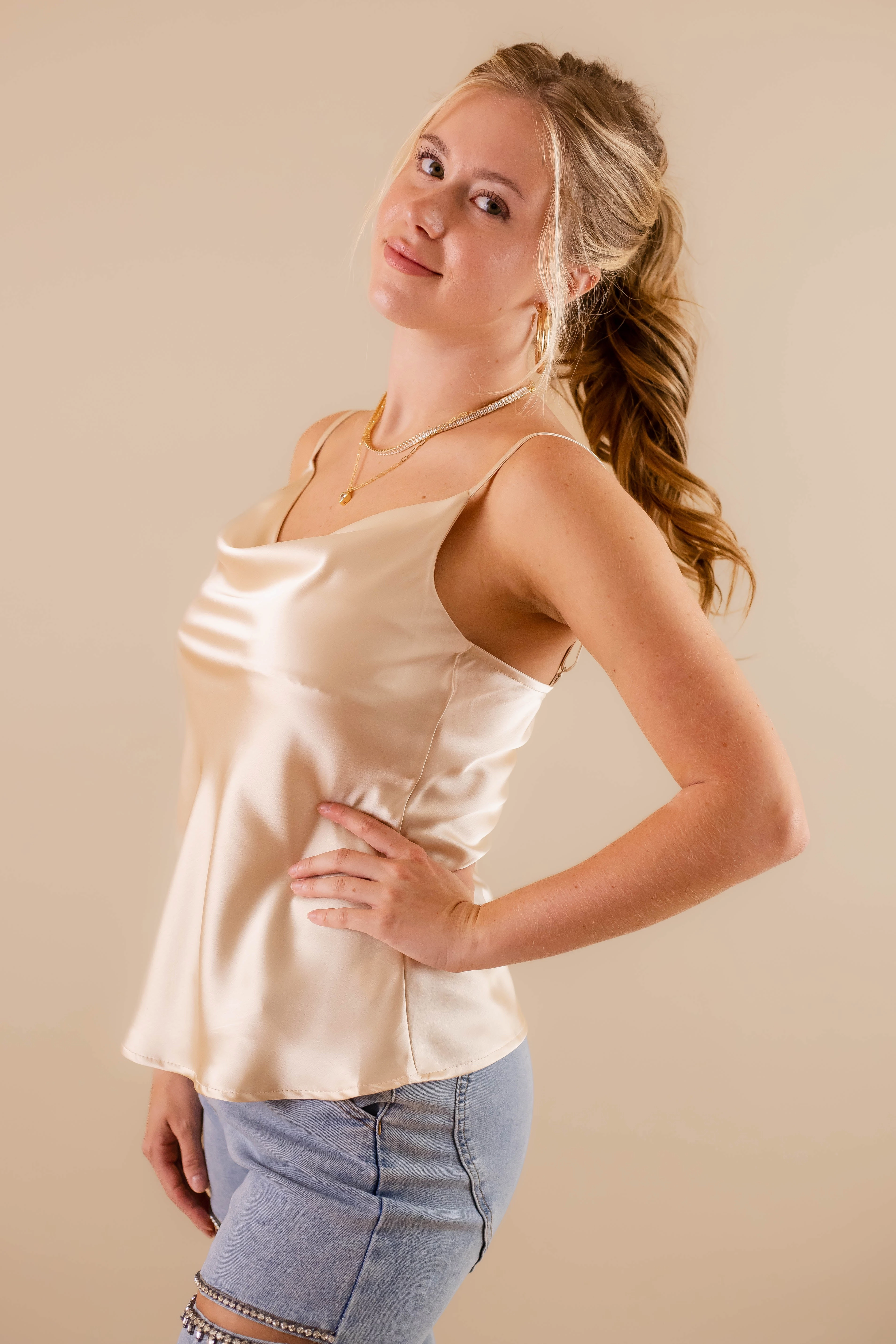 One Less Worry Top-Champagne Double Layered Hood Assembly Yarn Dyed Stripes
