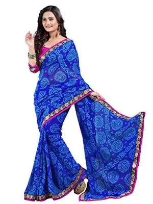 Oomph! Women's Chiffon Saree (liril_gtj1001b_Indigo Blue &amp; Magenta_Free Size)