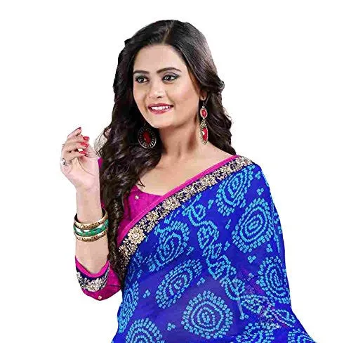 Oomph! Women's Chiffon Saree (liril_gtj1001b_Indigo Blue &amp; Magenta_Free Size)