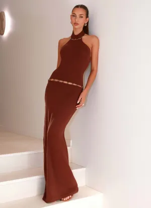 Rose Flush Sweetheart-Neck Opaline Knit Maxi Dress - Chocolate
