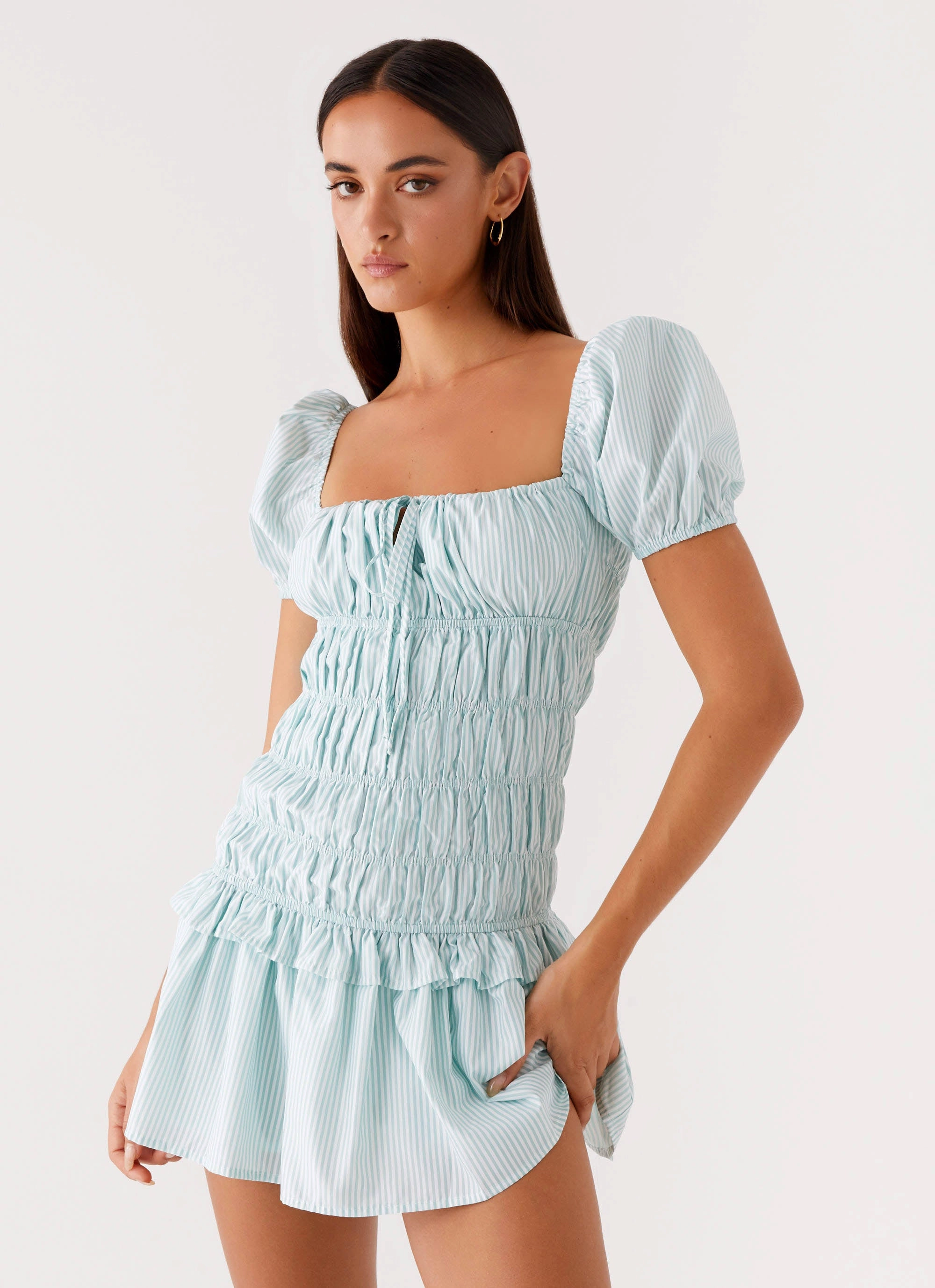 Match Quick Feminine Mood Yolene Mini Dress - Green Gingham