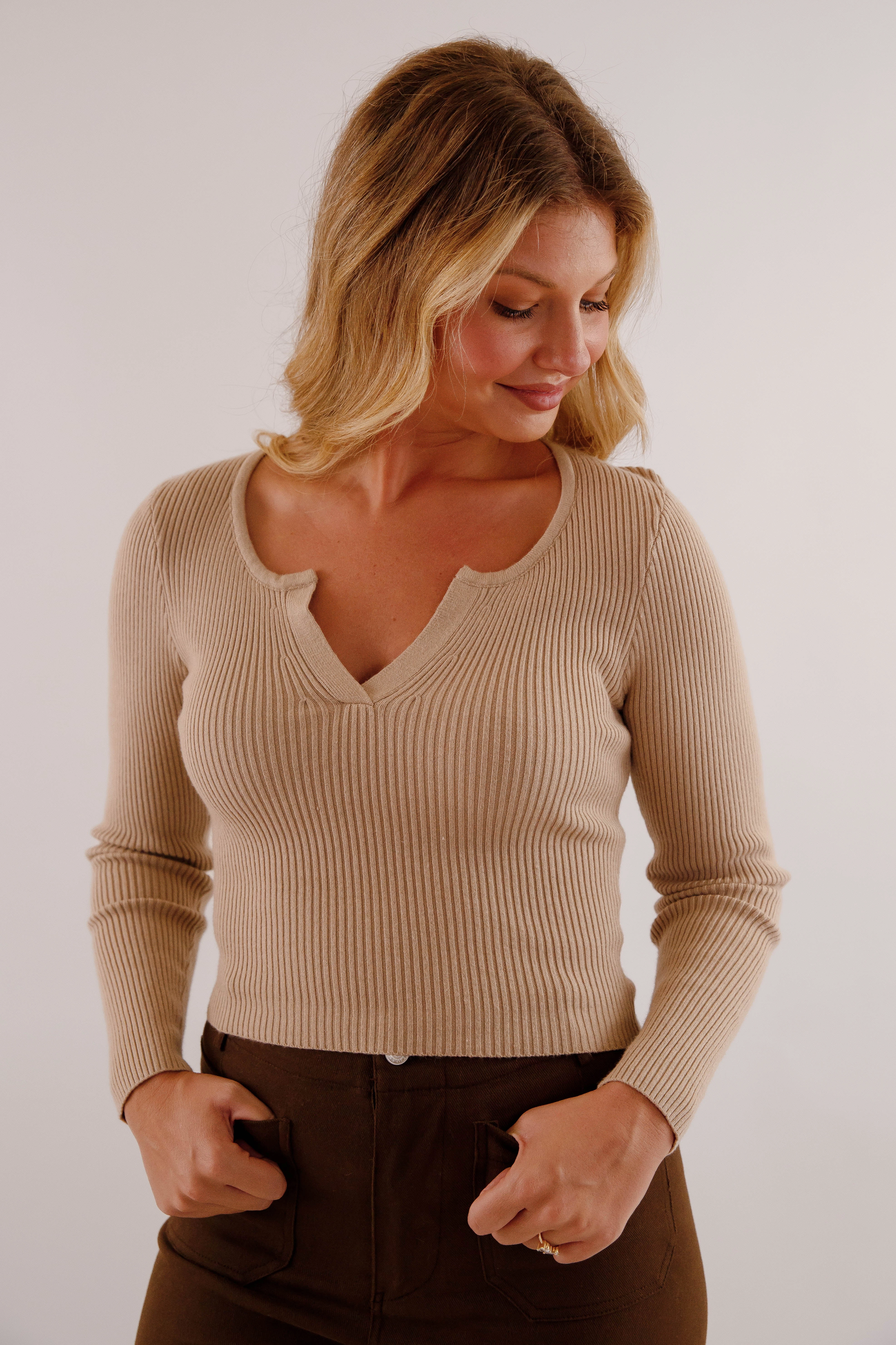 Opening Up Ribbed Top-Taupe CompactSize