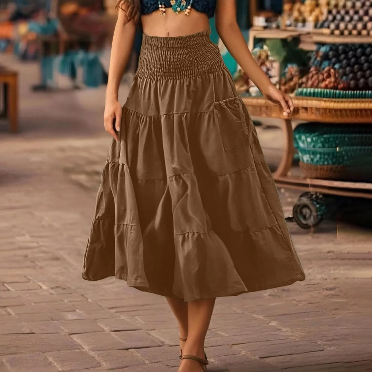 Oplxuo Women's Summer Boho Maxi Skirt A-Line Flowy Ruffle Tiered Smocked Elastic High Waist Beach Long Skirts with Pockets