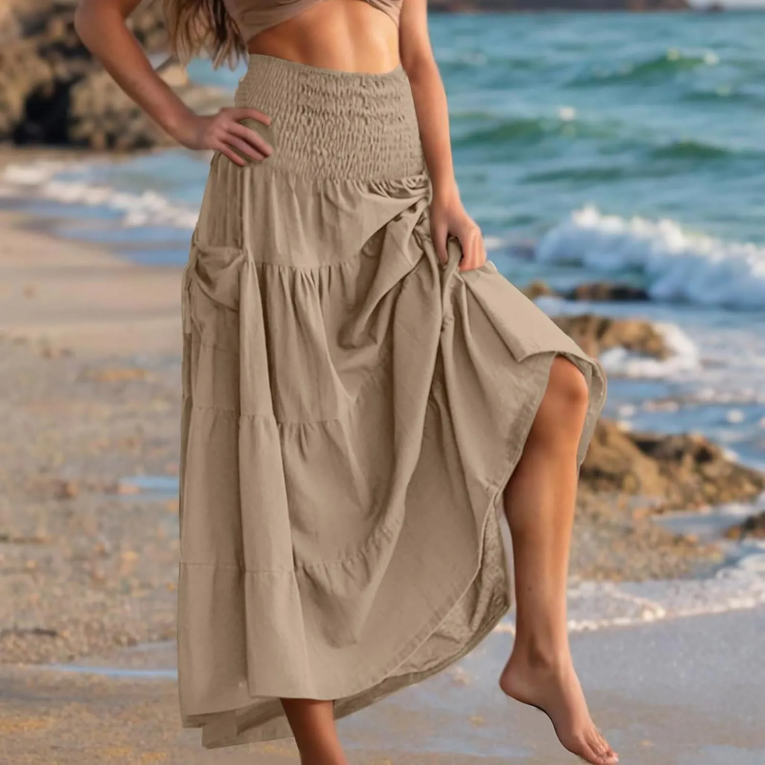 Oplxuo Women's Summer Boho Maxi Skirt A-Line Flowy Ruffle Tiered Smocked Elastic High Waist Beach Long Skirts with Pockets