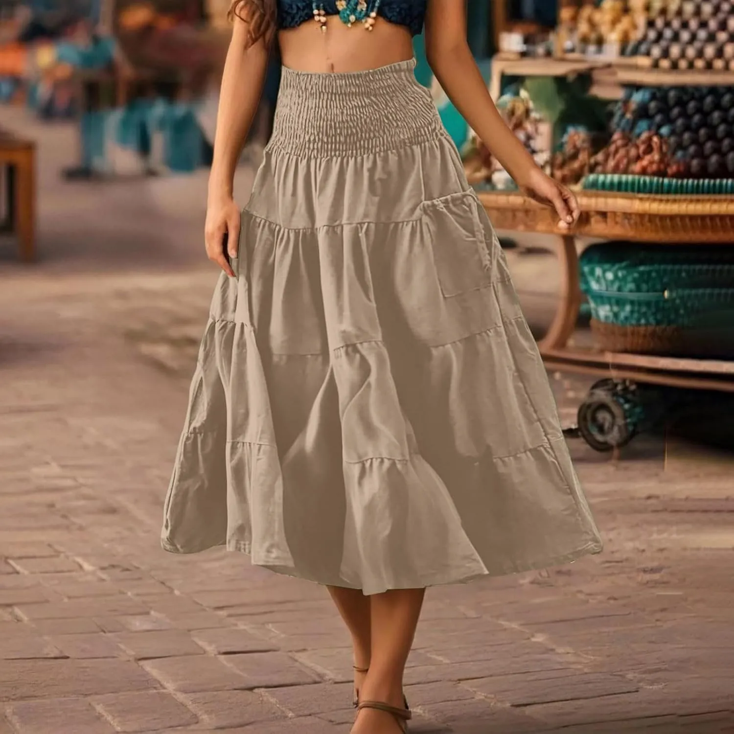 Oplxuo Women's Summer Boho Maxi Skirt A-Line Flowy Ruffle Tiered Smocked Elastic High Waist Beach Long Skirts with Pockets