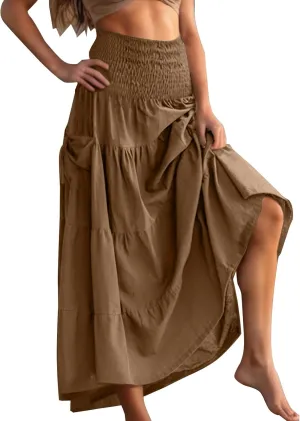 Oplxuo Women's Summer Boho Maxi Skirt A-Line Flowy Ruffle Tiered Smocked Elastic High Waist Beach Long Skirts with Pockets