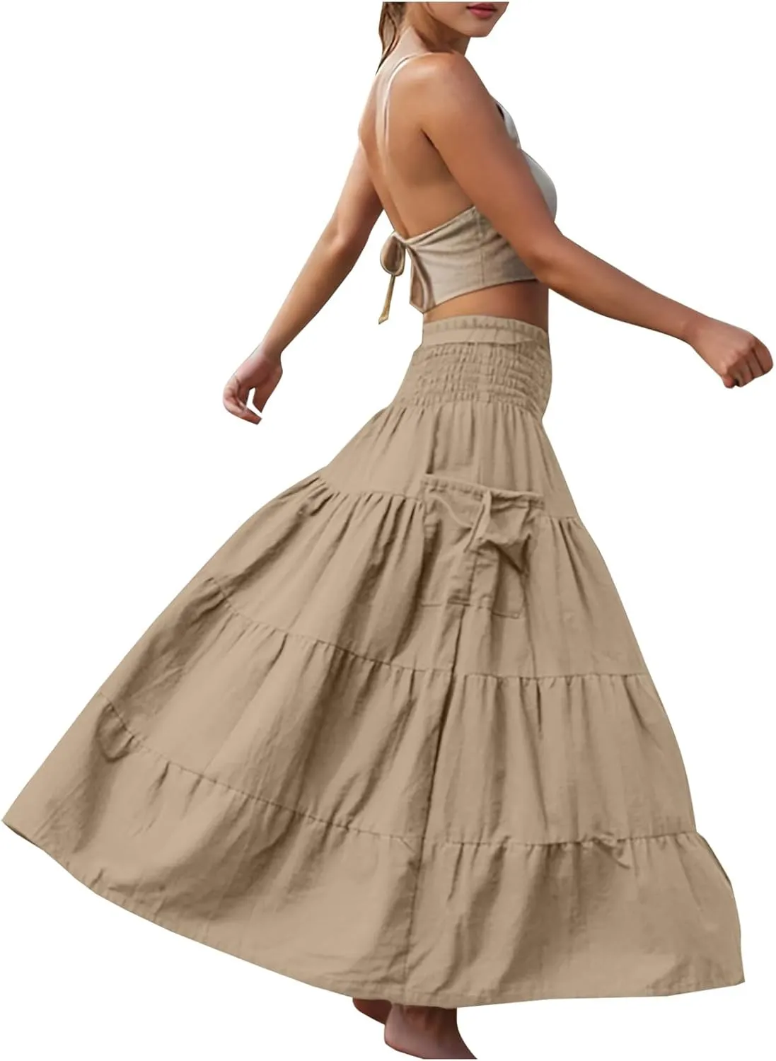 Oplxuo Women's Summer Boho Maxi Skirt A-Line Flowy Ruffle Tiered Smocked Elastic High Waist Beach Long Skirts with Pockets
