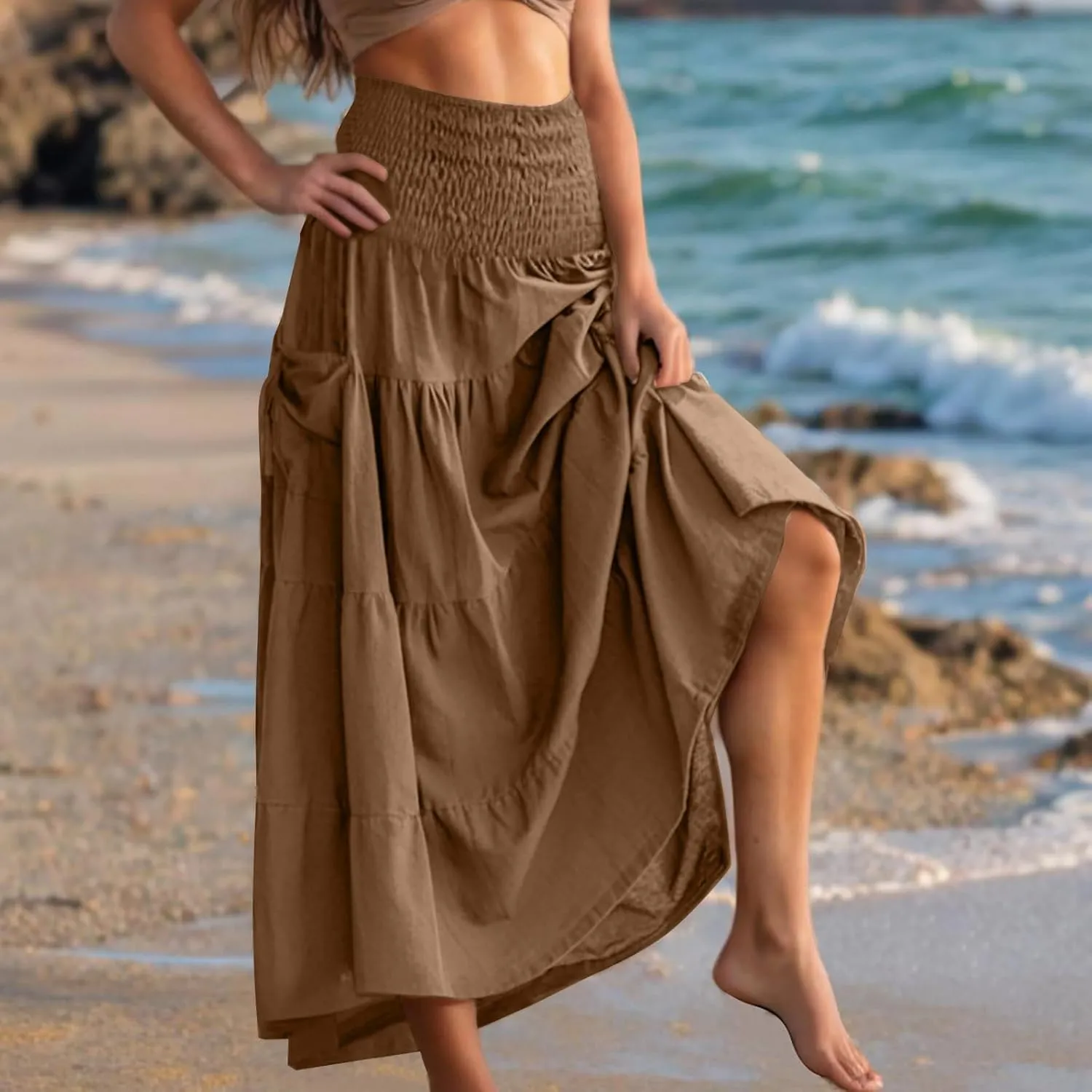 Oplxuo Women's Summer Boho Maxi Skirt A-Line Flowy Ruffle Tiered Smocked Elastic High Waist Beach Long Skirts with Pockets