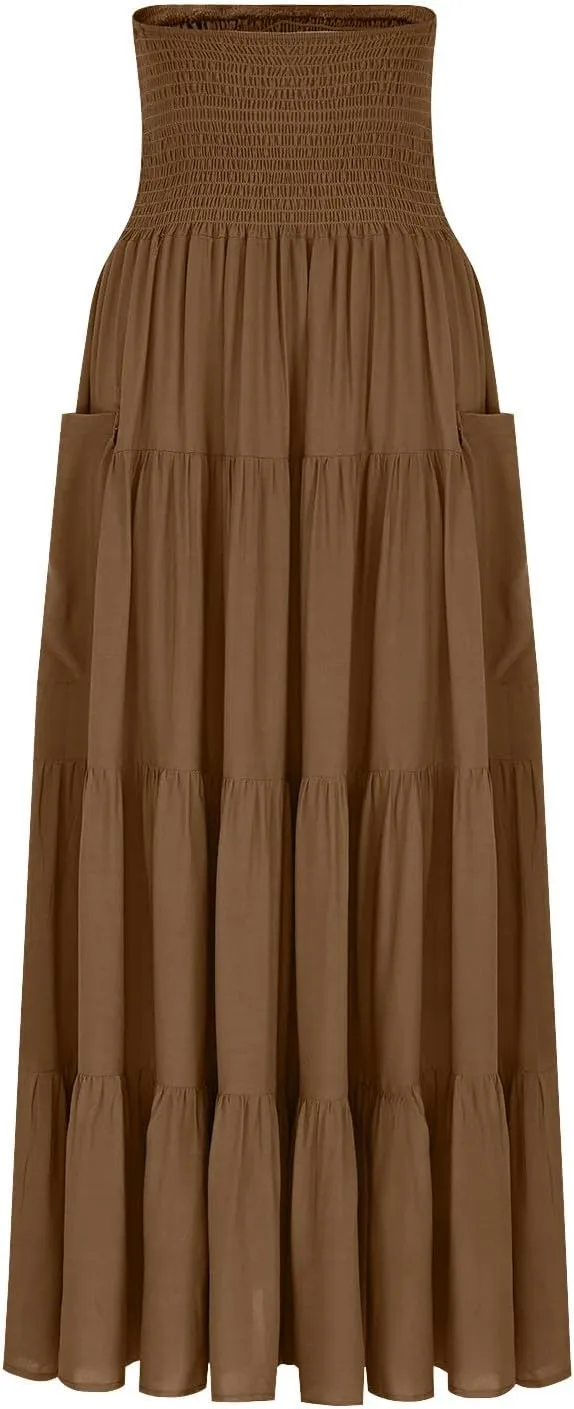 Oplxuo Women's Summer Boho Maxi Skirt A-Line Flowy Ruffle Tiered Smocked Elastic High Waist Beach Long Skirts with Pockets