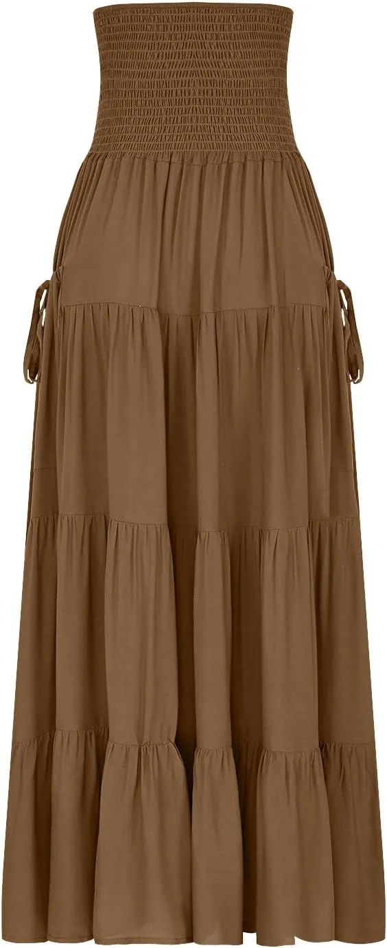 Oplxuo Women's Summer Boho Maxi Skirt A-Line Flowy Ruffle Tiered Smocked Elastic High Waist Beach Long Skirts with Pockets