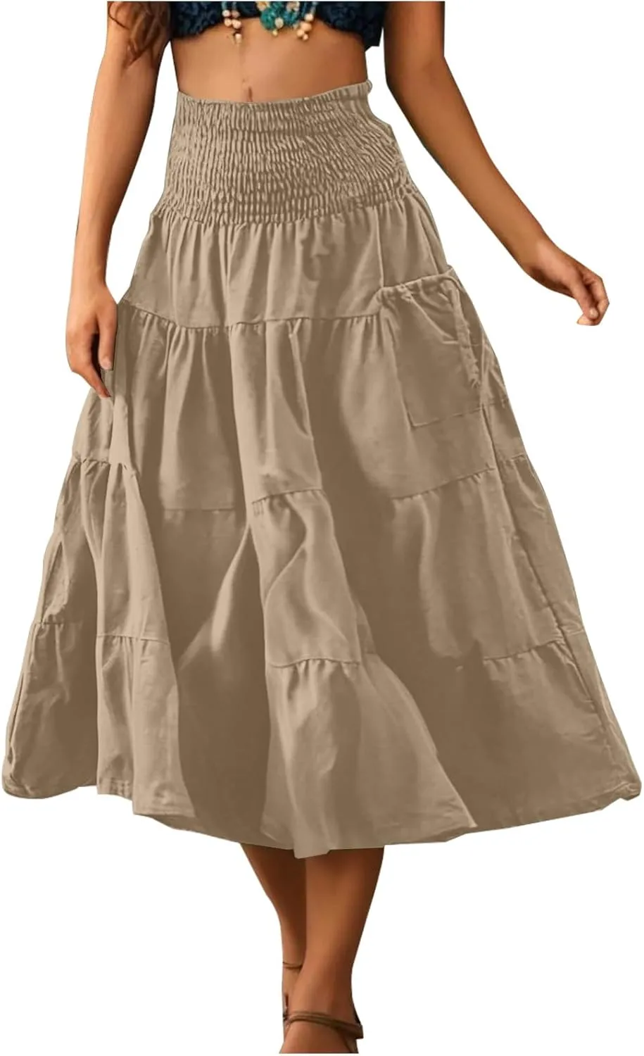 Oplxuo Women's Summer Boho Maxi Skirt A-Line Flowy Ruffle Tiered Smocked Elastic High Waist Beach Long Skirts with Pockets