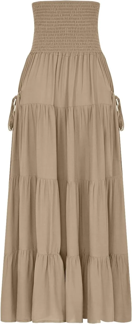 Oplxuo Women's Summer Boho Maxi Skirt A-Line Flowy Ruffle Tiered Smocked Elastic High Waist Beach Long Skirts with Pockets