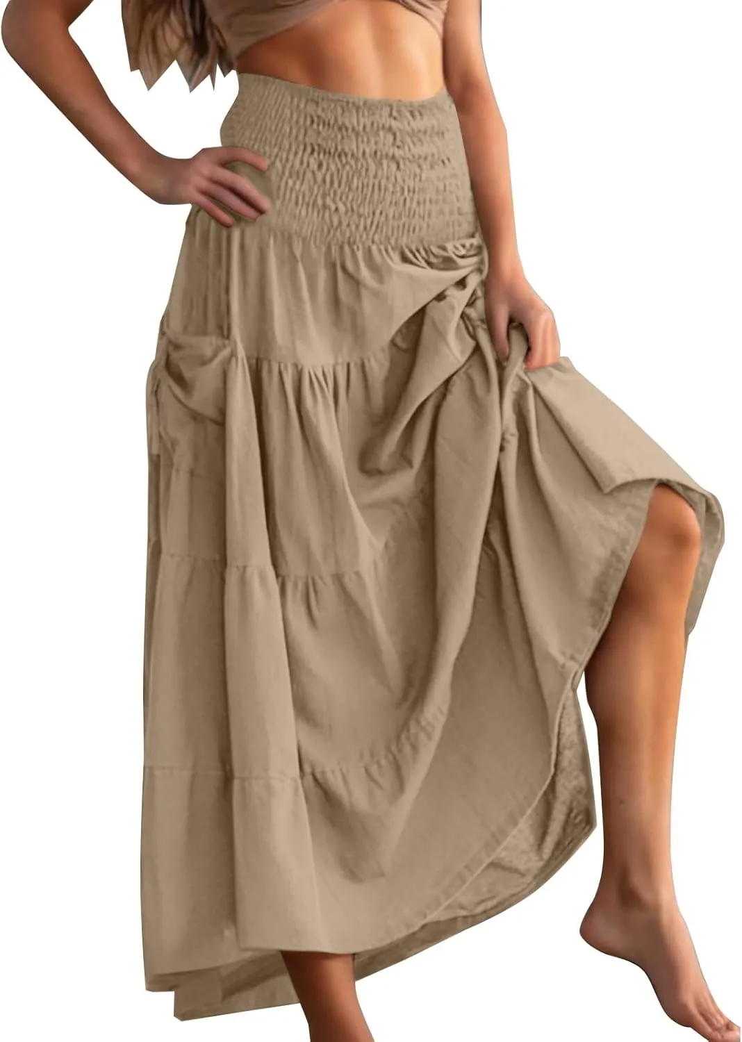 Oplxuo Women's Summer Boho Maxi Skirt A-Line Flowy Ruffle Tiered Smocked Elastic High Waist Beach Long Skirts with Pockets