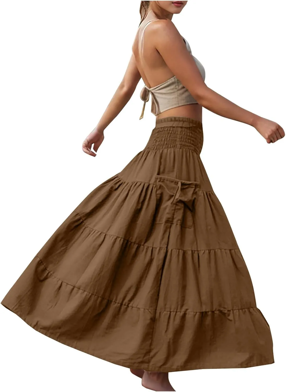 Oplxuo Women's Summer Boho Maxi Skirt A-Line Flowy Ruffle Tiered Smocked Elastic High Waist Beach Long Skirts with Pockets