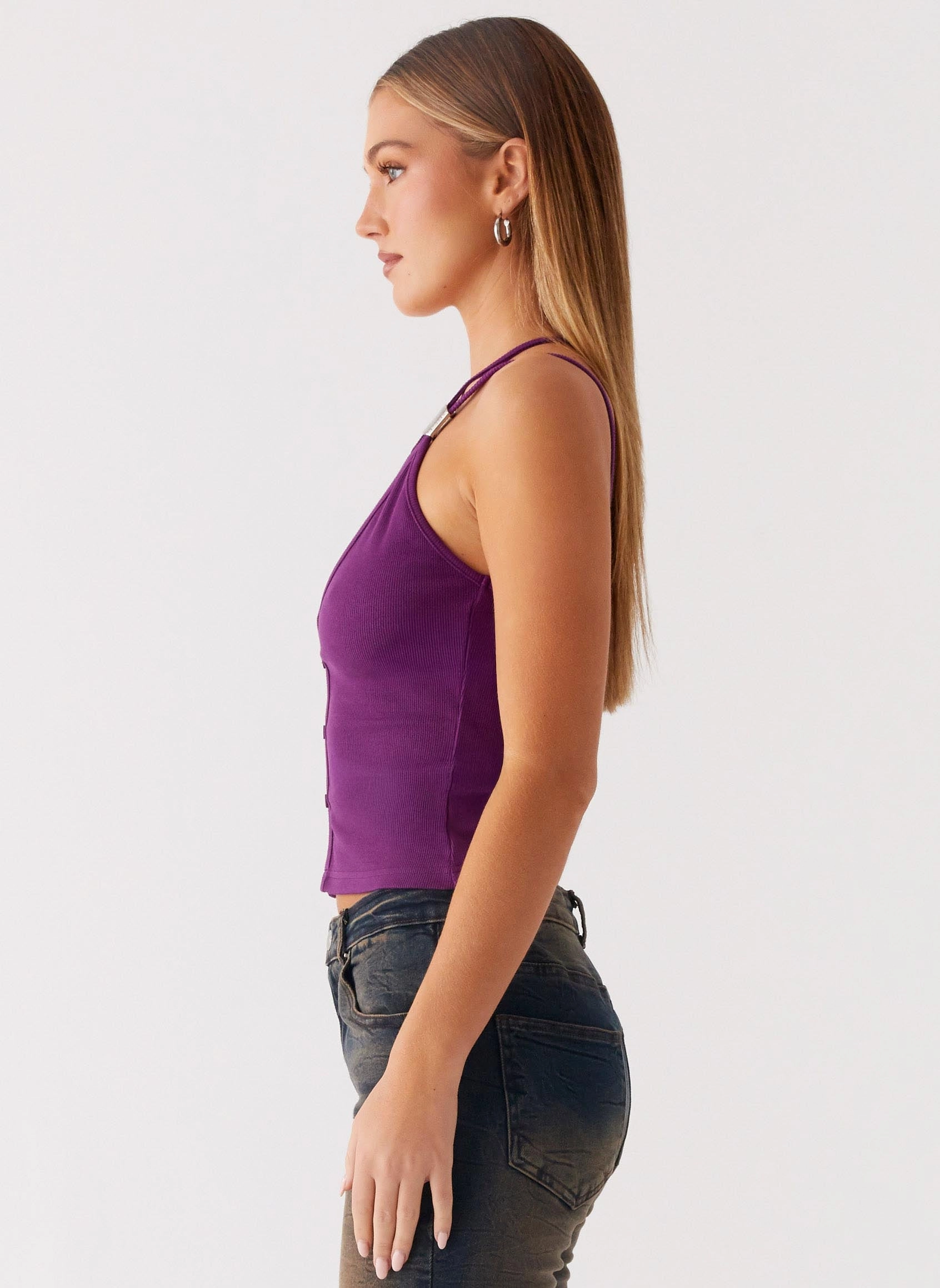 FrayResistant Fabric Optix Button Front Top - Plum