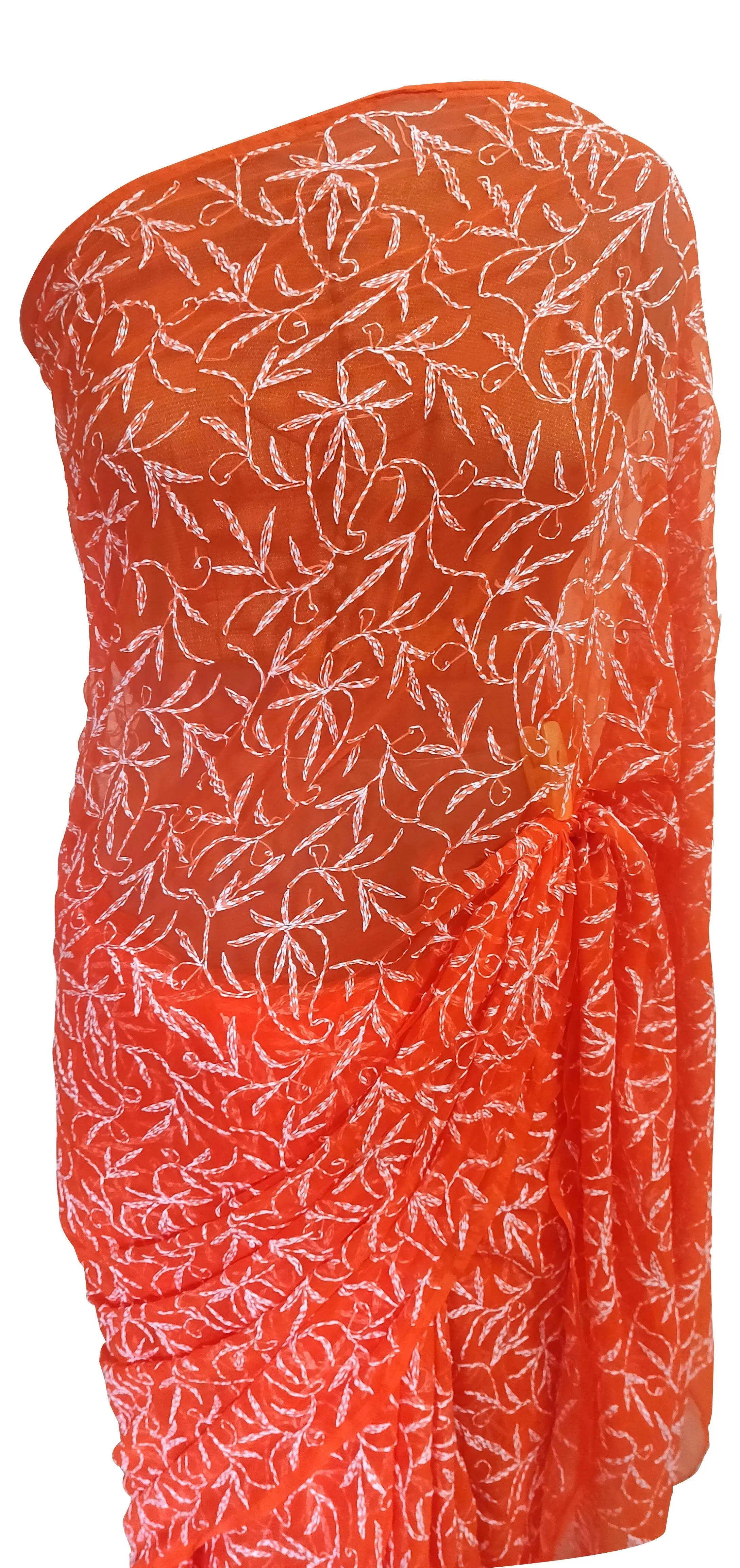 Orange Tepchi Chikankari Chiffon Saree CK67