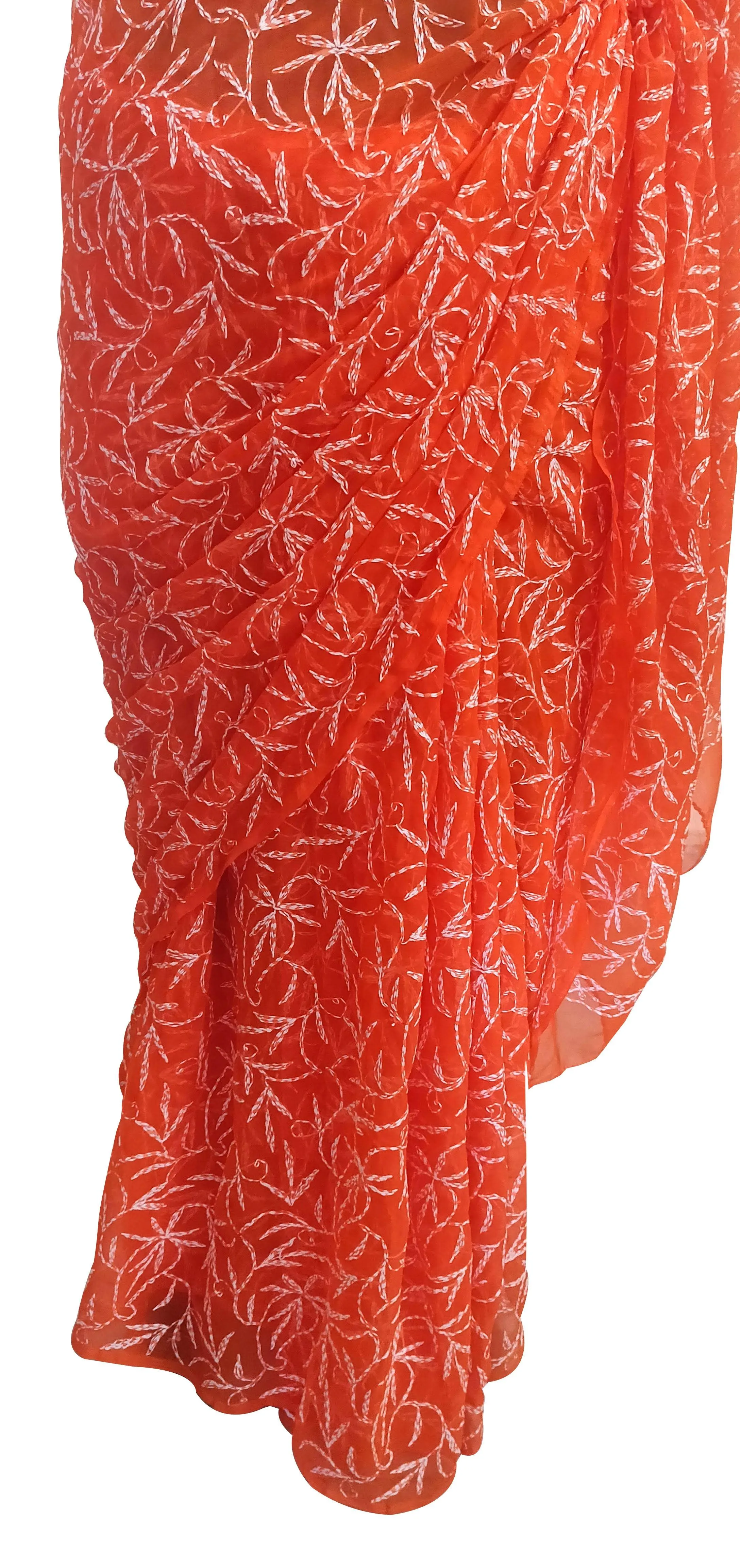 Orange Tepchi Chikankari Chiffon Saree CK67