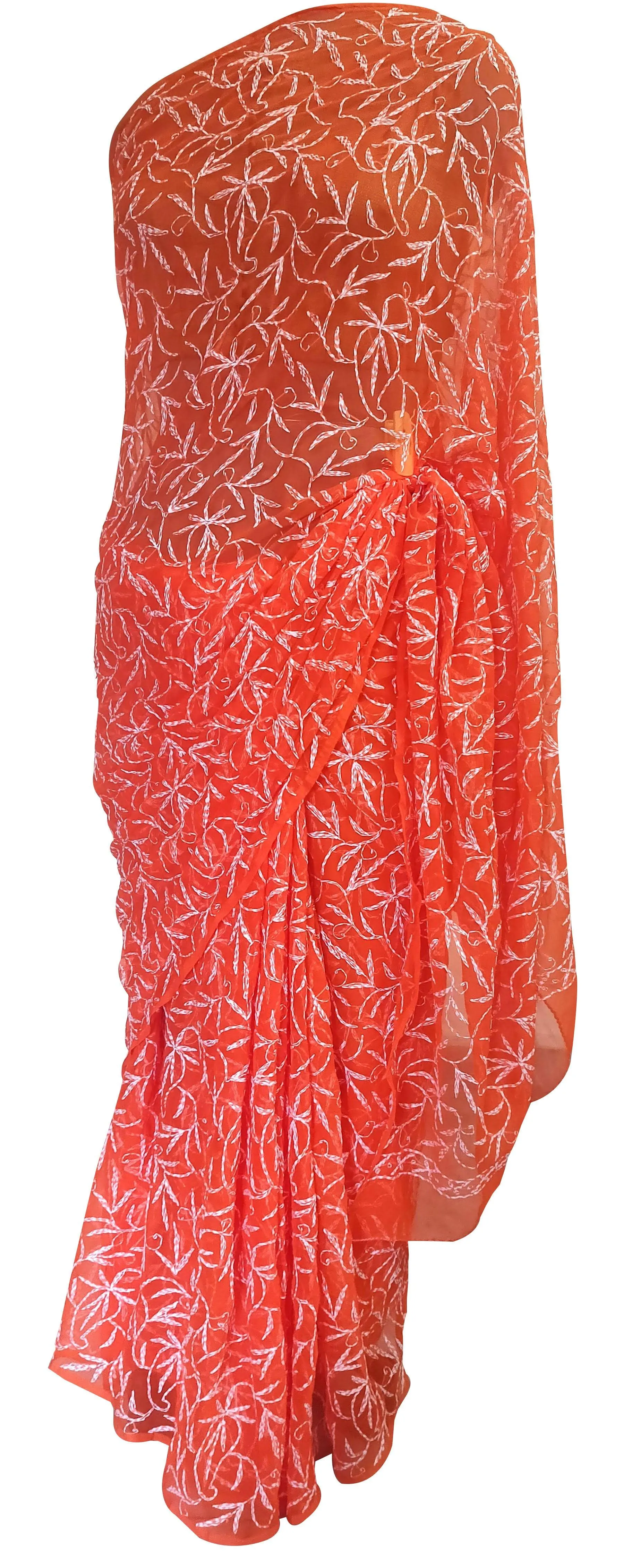 Orange Tepchi Chikankari Chiffon Saree CK67