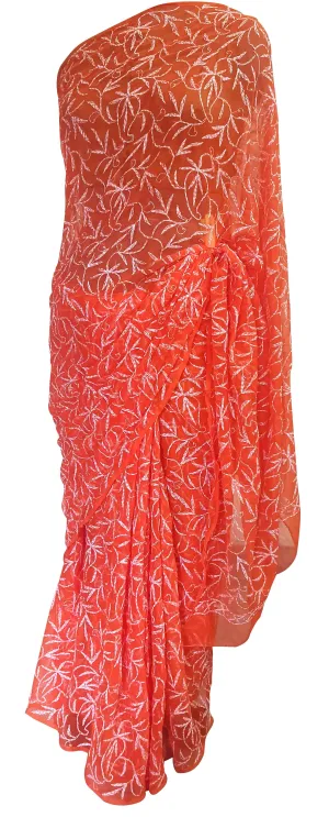 Orange Tepchi Chikankari Chiffon Saree CK67