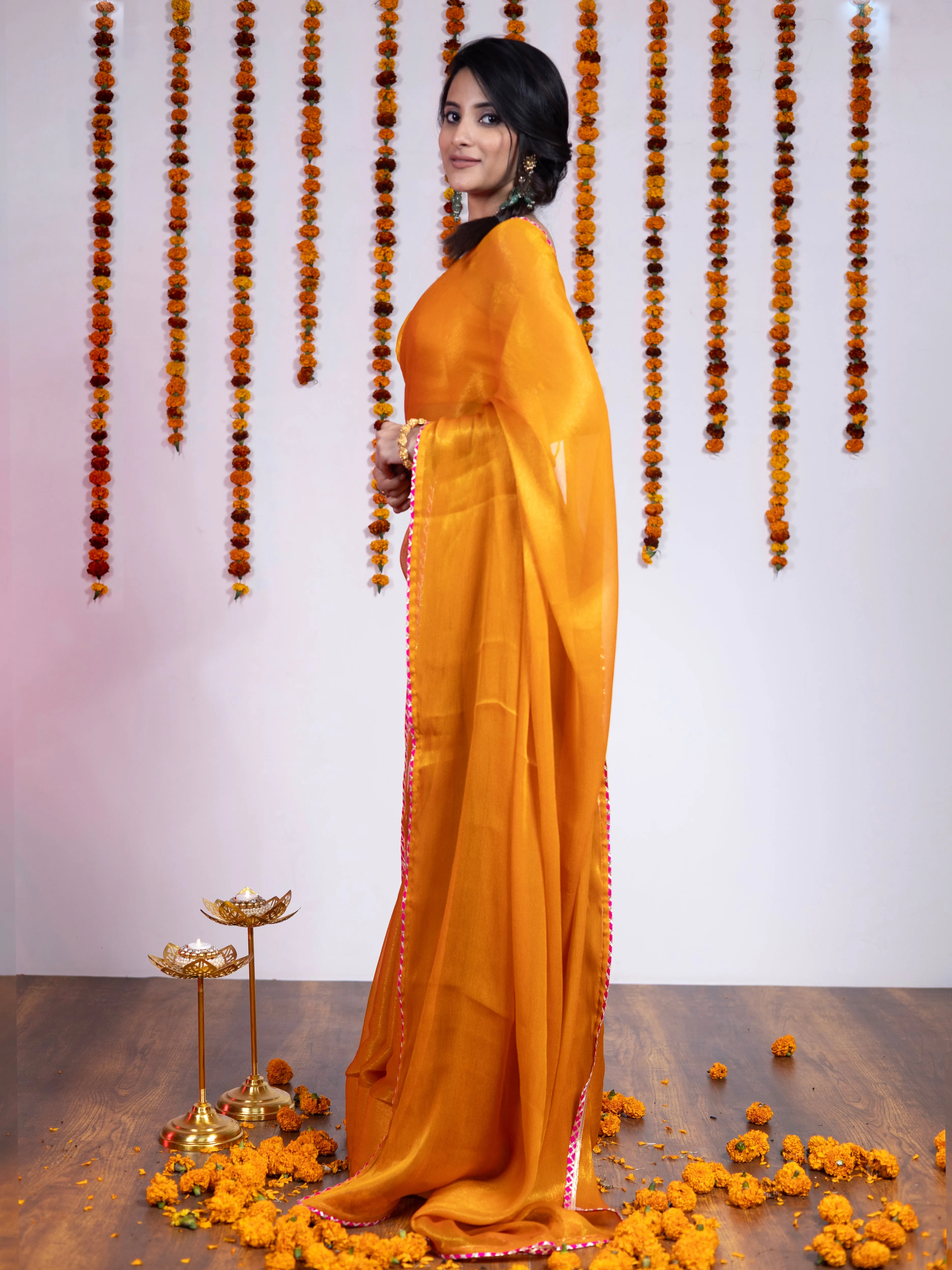 Orange Yellow Shimmer Shine Chiffon Saree with Gota Lace Edge and Blouse Fabric