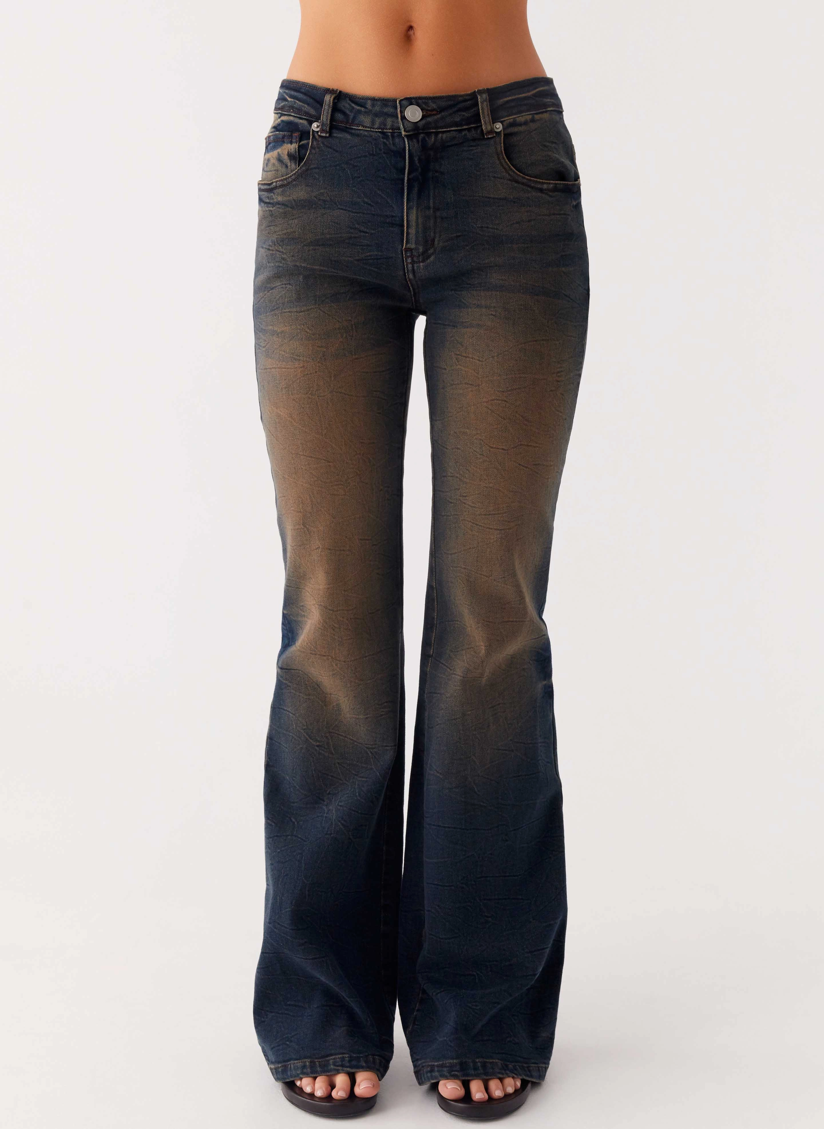 Non Irritating Laser Cut Perforations Oregon Flared Jeans - Dirty Black Wash