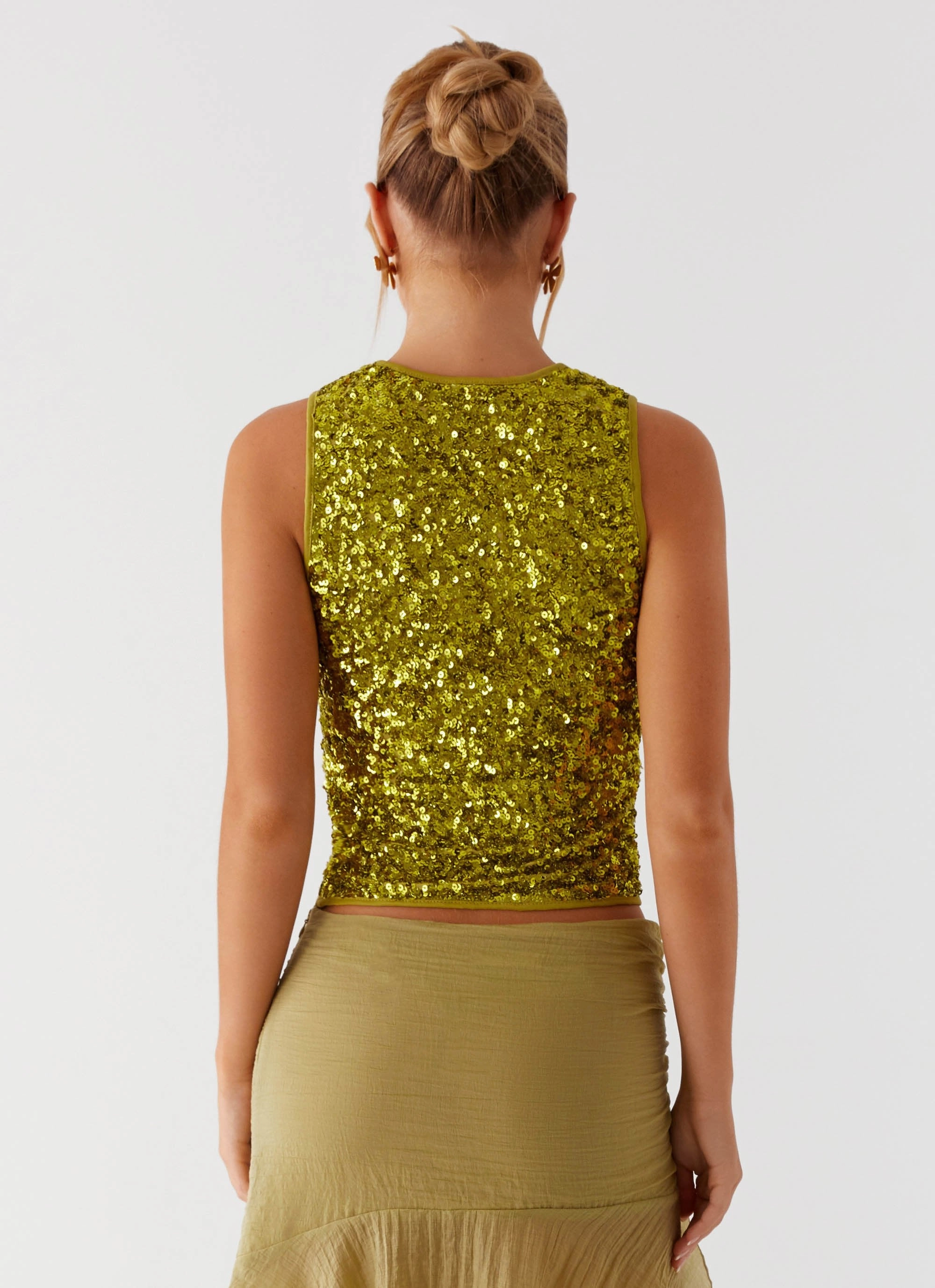 Ventilated Back Panel After Midnight Sequin Racer Top - Olive