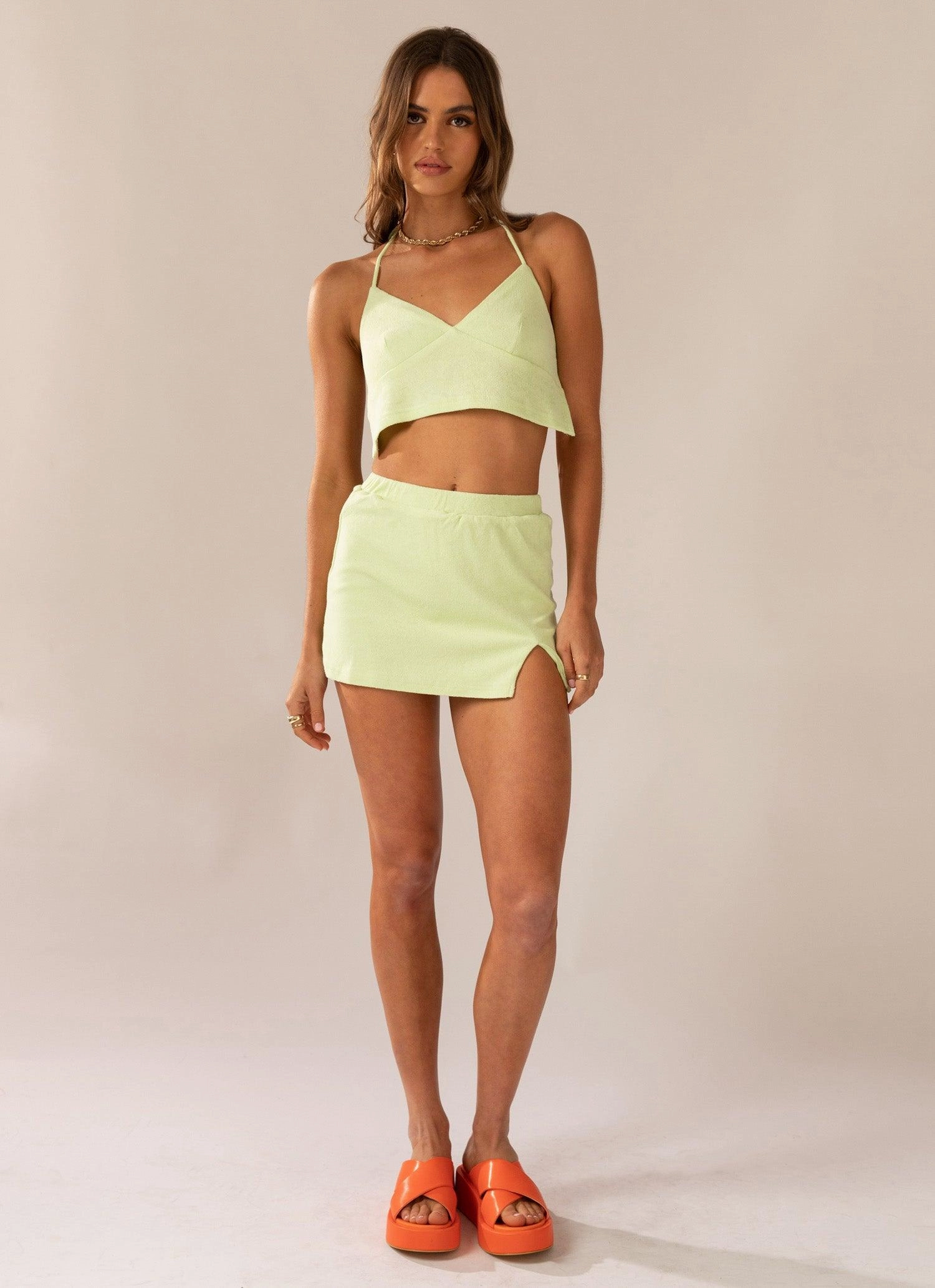 Snag Resistant Surface Warmer Water Terry Halter Crop - Lime Green