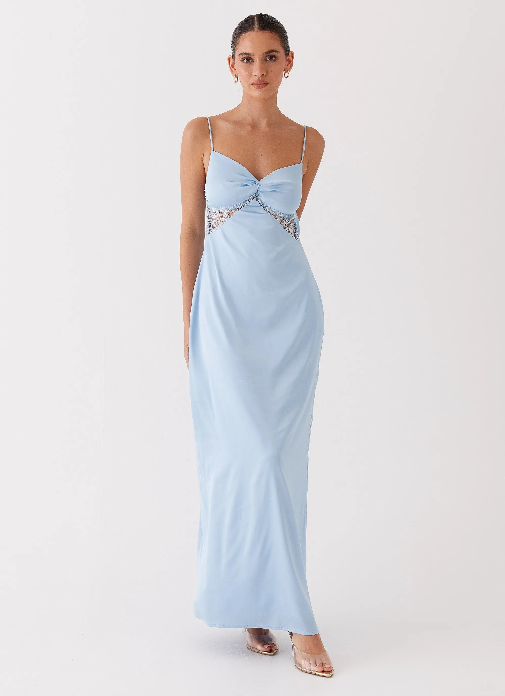 Minimalist-Style Effortless Fit Dream Sight Lace Satin Maxi Dress - Ice Blue