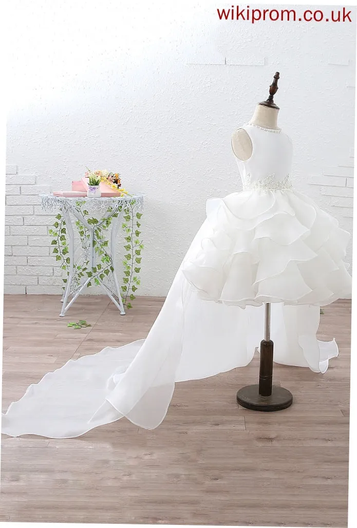 Organza/Satin Dress Girl Scoop Train - Ball-Gown/Princess Flower Girl Dresses Flower Sleeveless Ruffles/Beading/Appliques With Court Kamora Neck