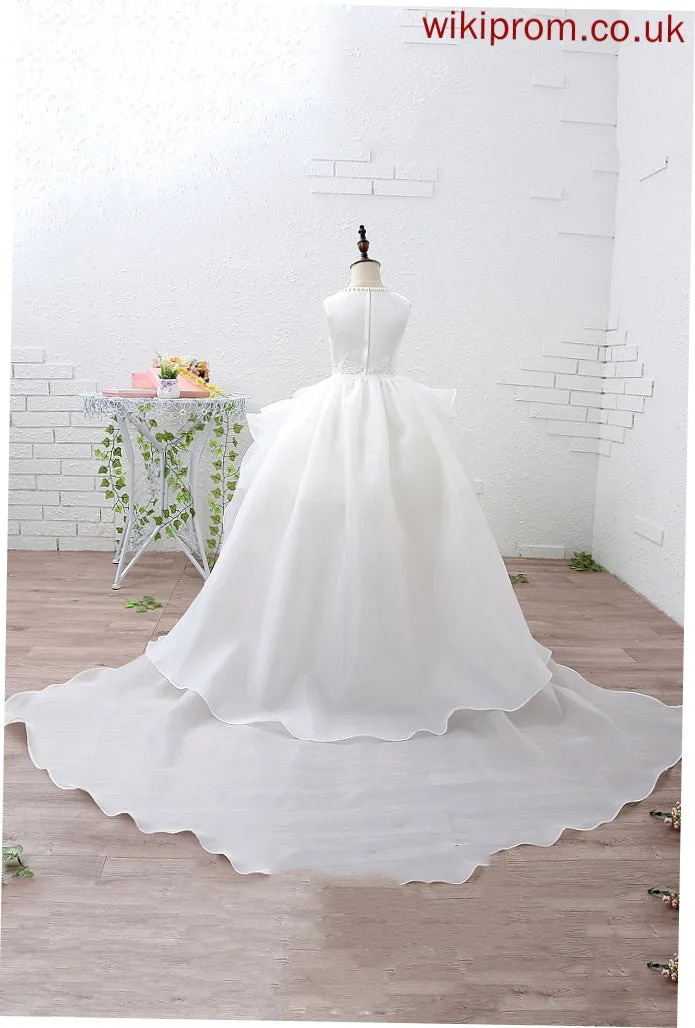 Organza/Satin Dress Girl Scoop Train - Ball-Gown/Princess Flower Girl Dresses Flower Sleeveless Ruffles/Beading/Appliques With Court Kamora Neck
