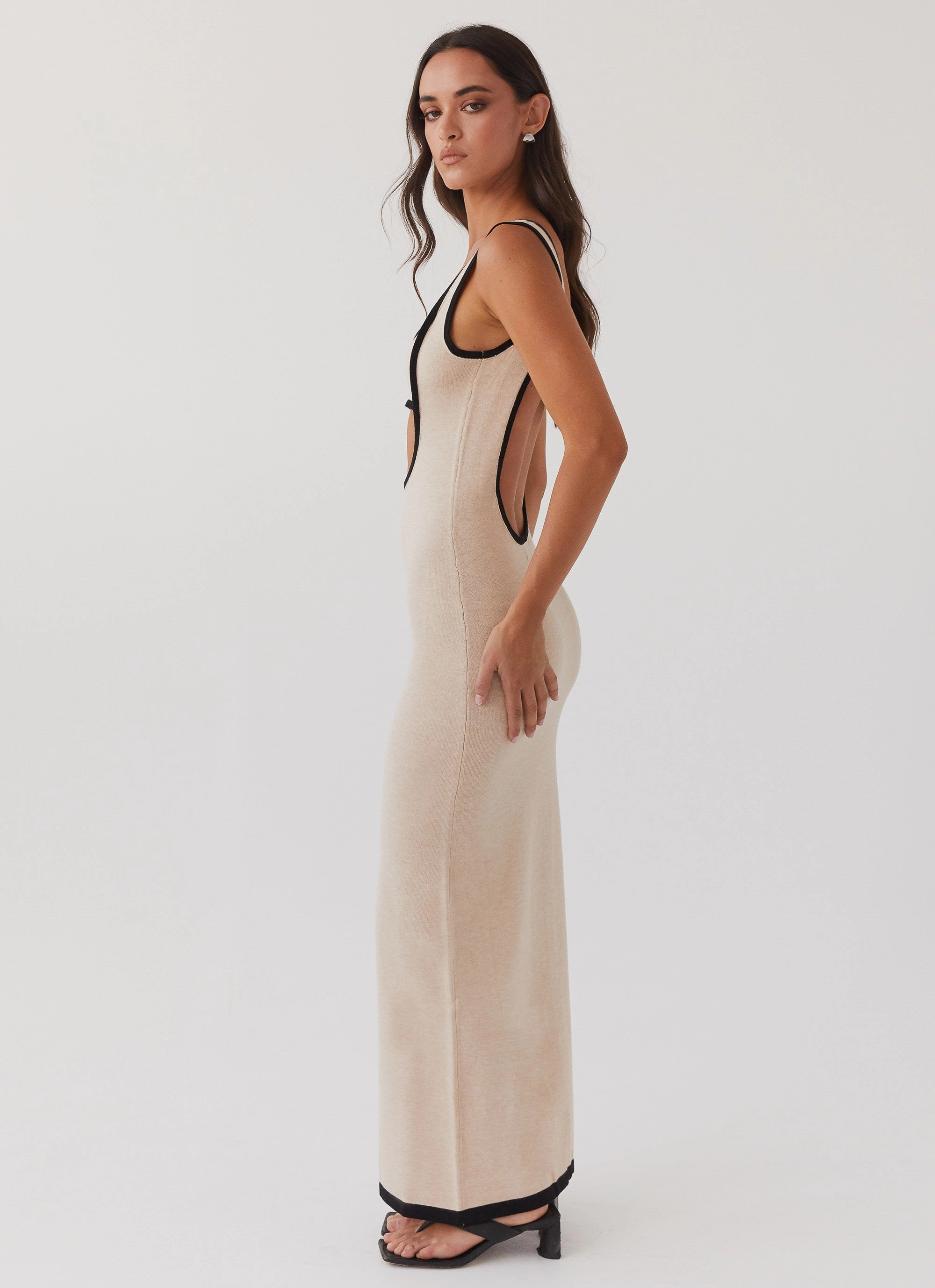 Lost In Paris Knit Maxi Dress - Tapioca Chic and Flattering Bold Cut