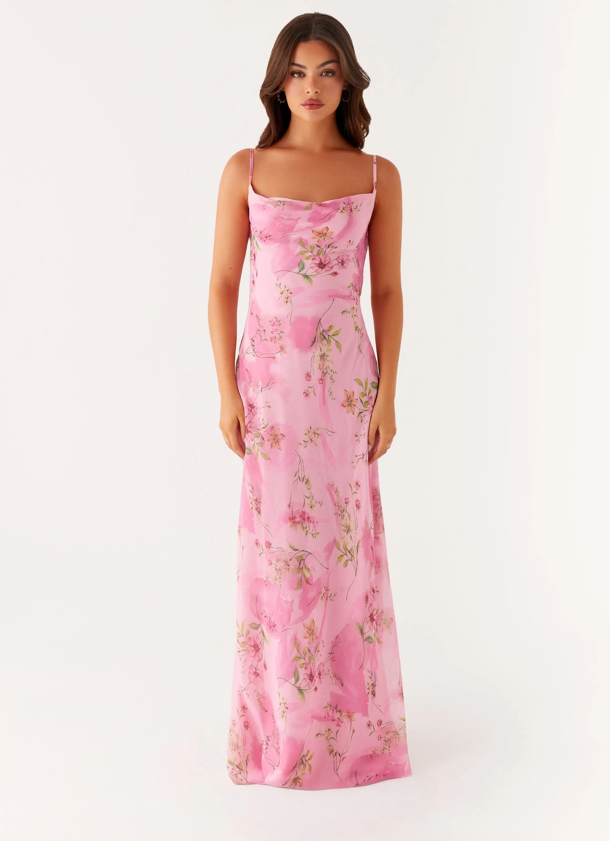 Orlando Maxi Dress - Pink Floral Print High Hemline Elegant Outline