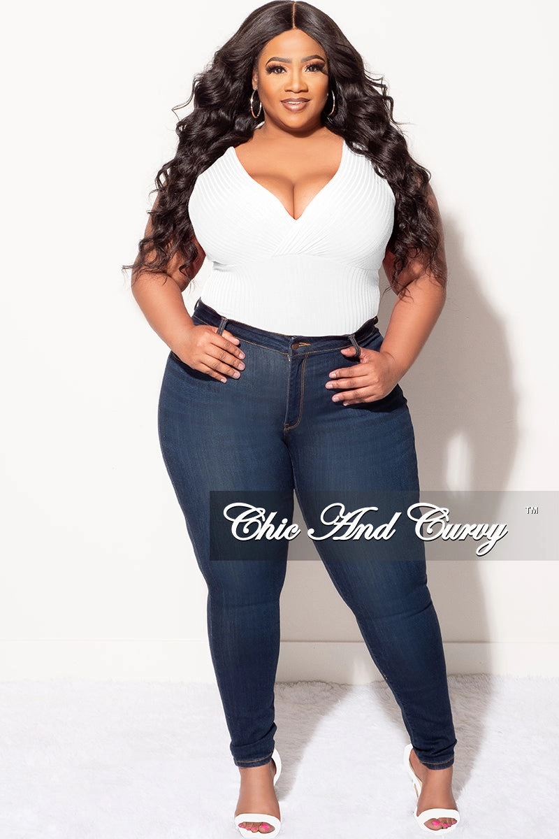 NonRestrictiveFit Frayed hem Final Sale Plus Size Ribbed Faux Wrap Sleeveless Bodysuit in Ivory