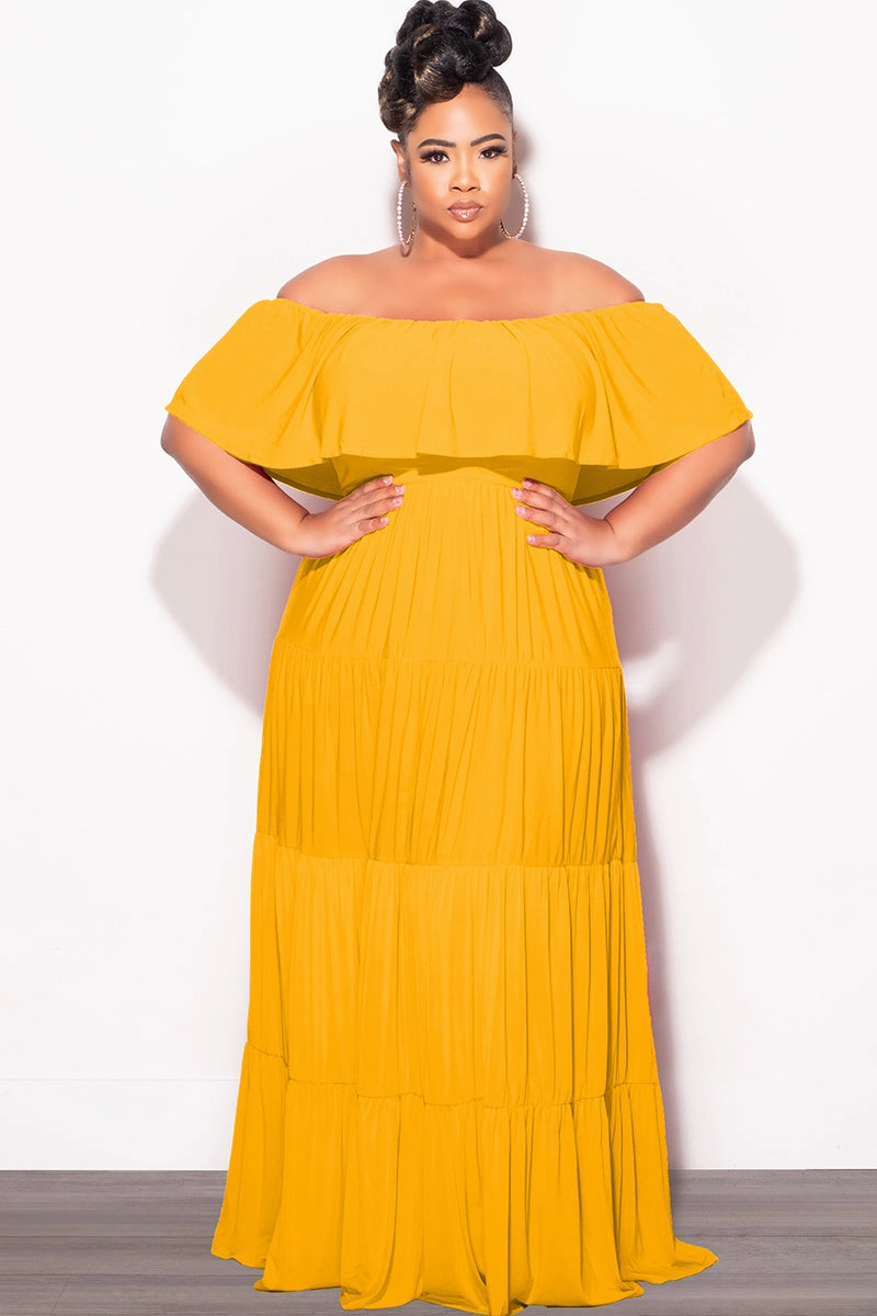 Final Sale Plus Size Off The Shoulder Tiered Maxi Dress in Mustard Travel Fit Air Flow
