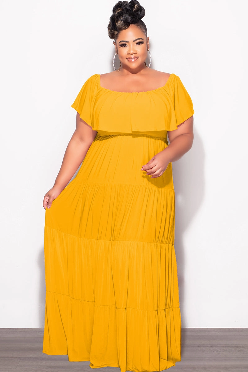 Sport Flex Perfect Comfort Final Sale Plus Size Off The Shoulder Tiered Maxi Dress in Mustard