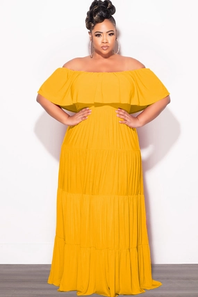 Final Sale Plus Size Off The Shoulder Tiered Maxi Dress in Mustard Travel Fit Air Flow