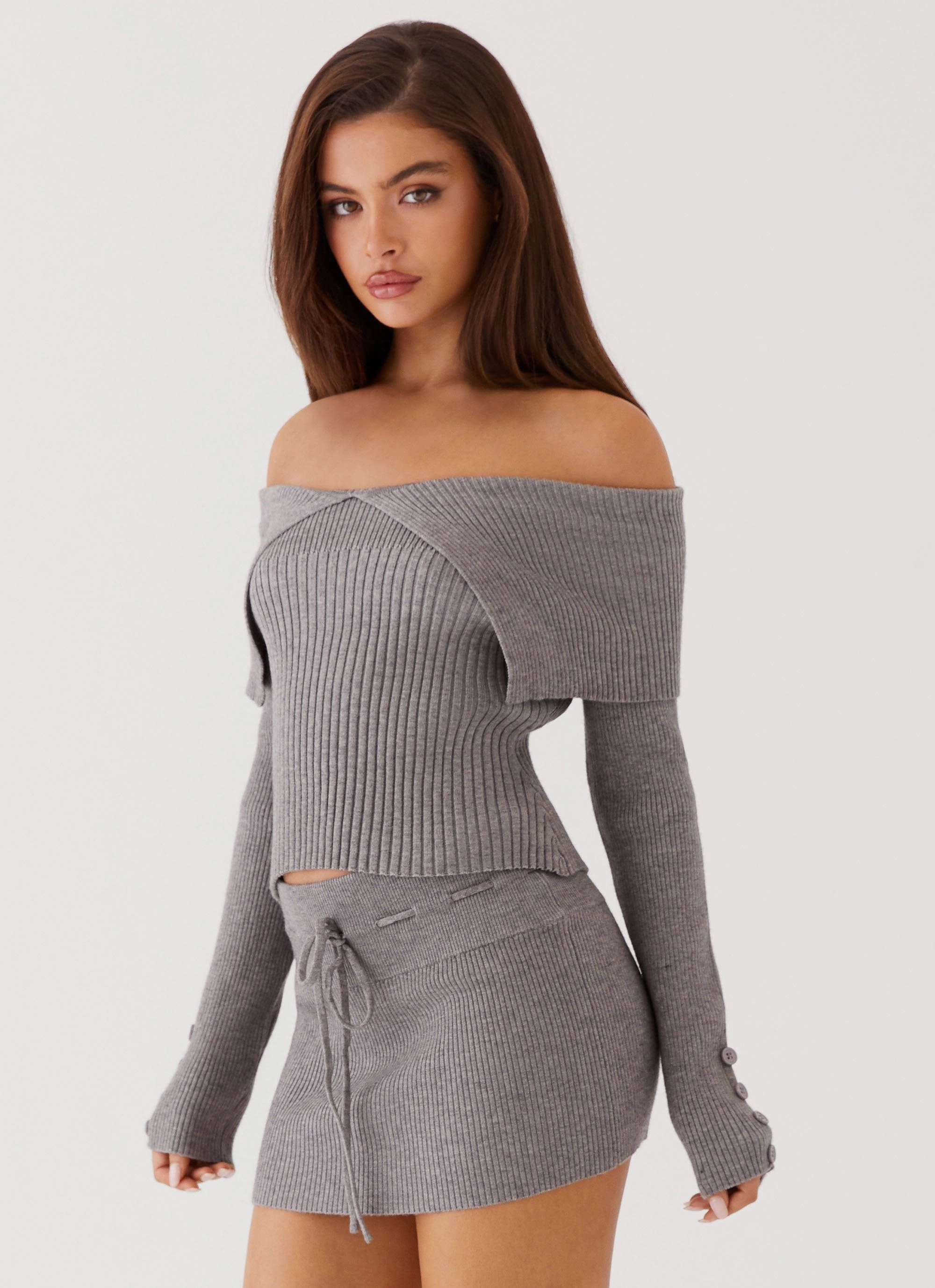 Frankie Arrow Knit Long Sleeve Top - Charcoal Adjustable Cuff Durable Reinforced Elbow Patches