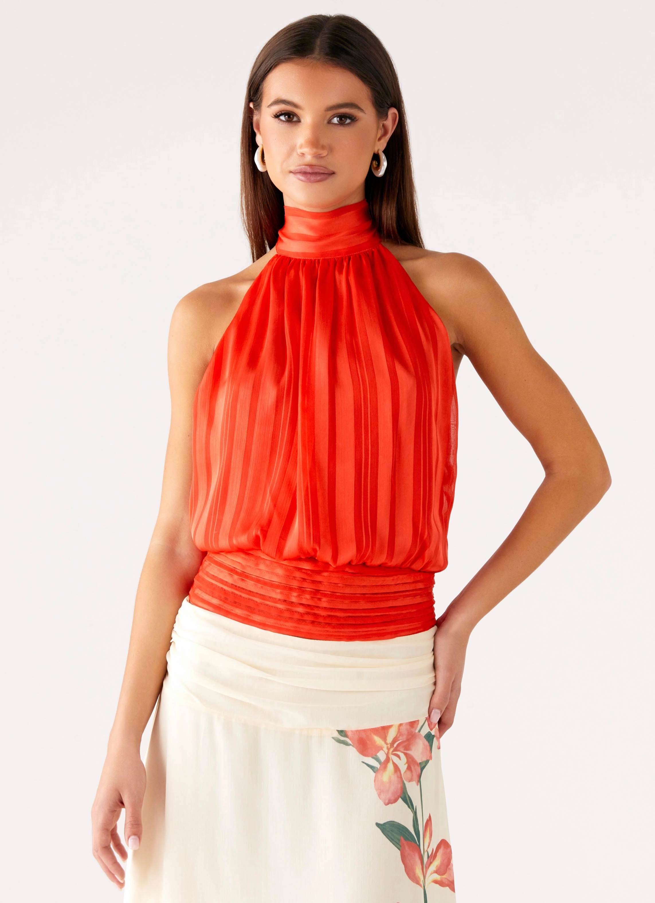 SlimFitAdaptation Reflective Logo Detail Willow Chiffon Top - Coral