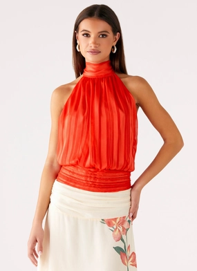 SlimFitAdaptation Reflective Logo Detail Willow Chiffon Top - Coral