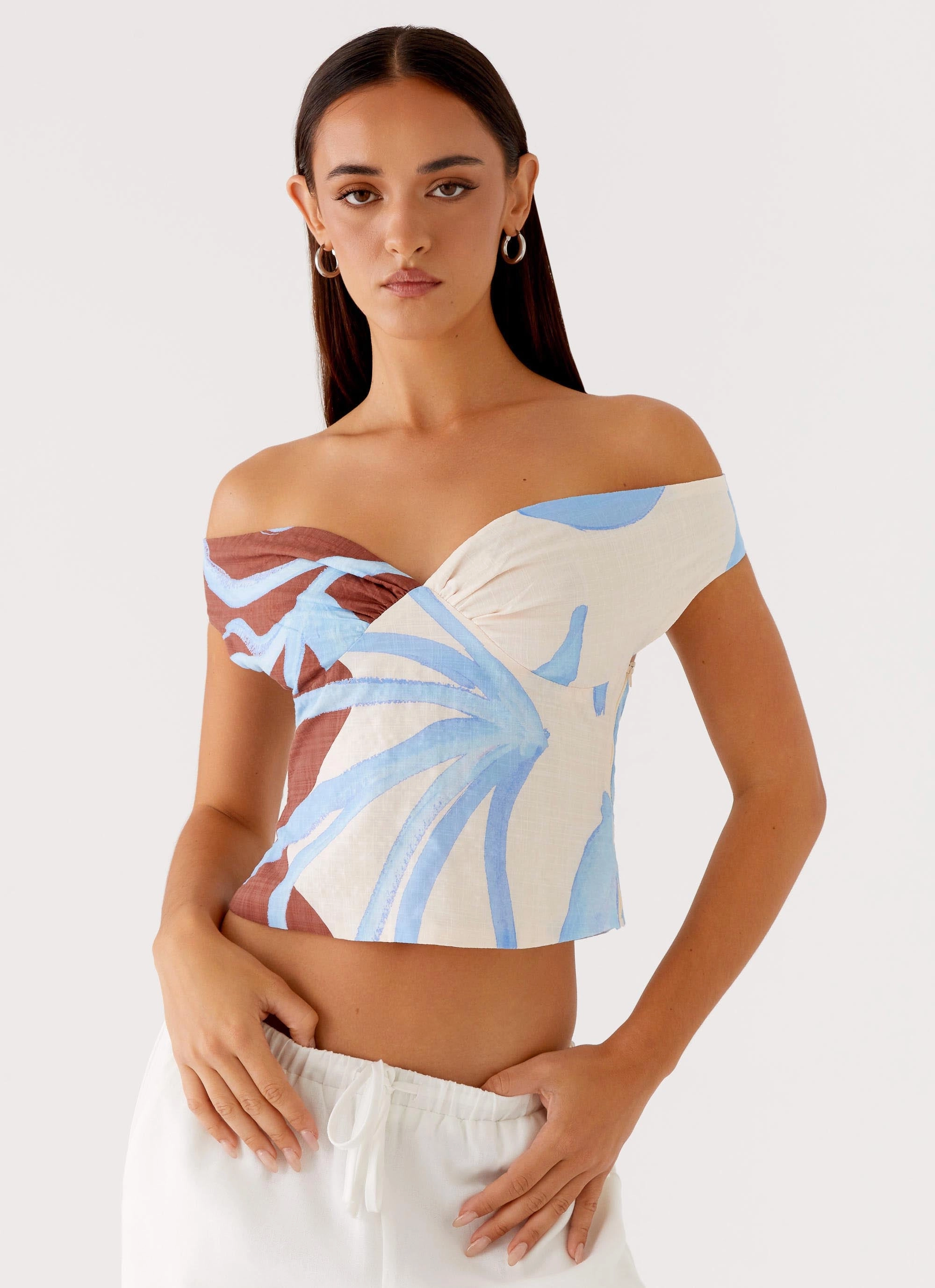 Ozella Off Shoulder Top - Bloom Wave Print Friction Resistant Shoulder Simple Shirt