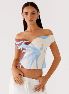 Ozella Off Shoulder Top - Bloom Wave Print Friction Resistant Shoulder Simple Shirt