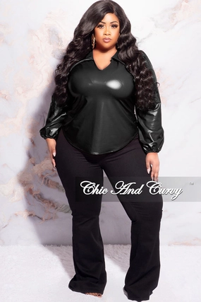 Wrinkle resistant fabric Final Sale Plus Size Collar Faux Leather Top in Black