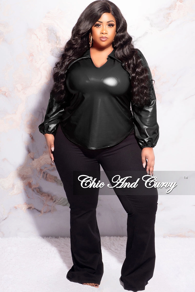 Wrinkle resistant fabric Final Sale Plus Size Collar Faux Leather Top in Black