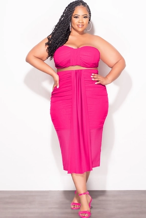 Final Sale Plus Size Sheer 2pc Strapless Crop Top and Skirt Set in Fuchsia Durable Waistband Body Friendly