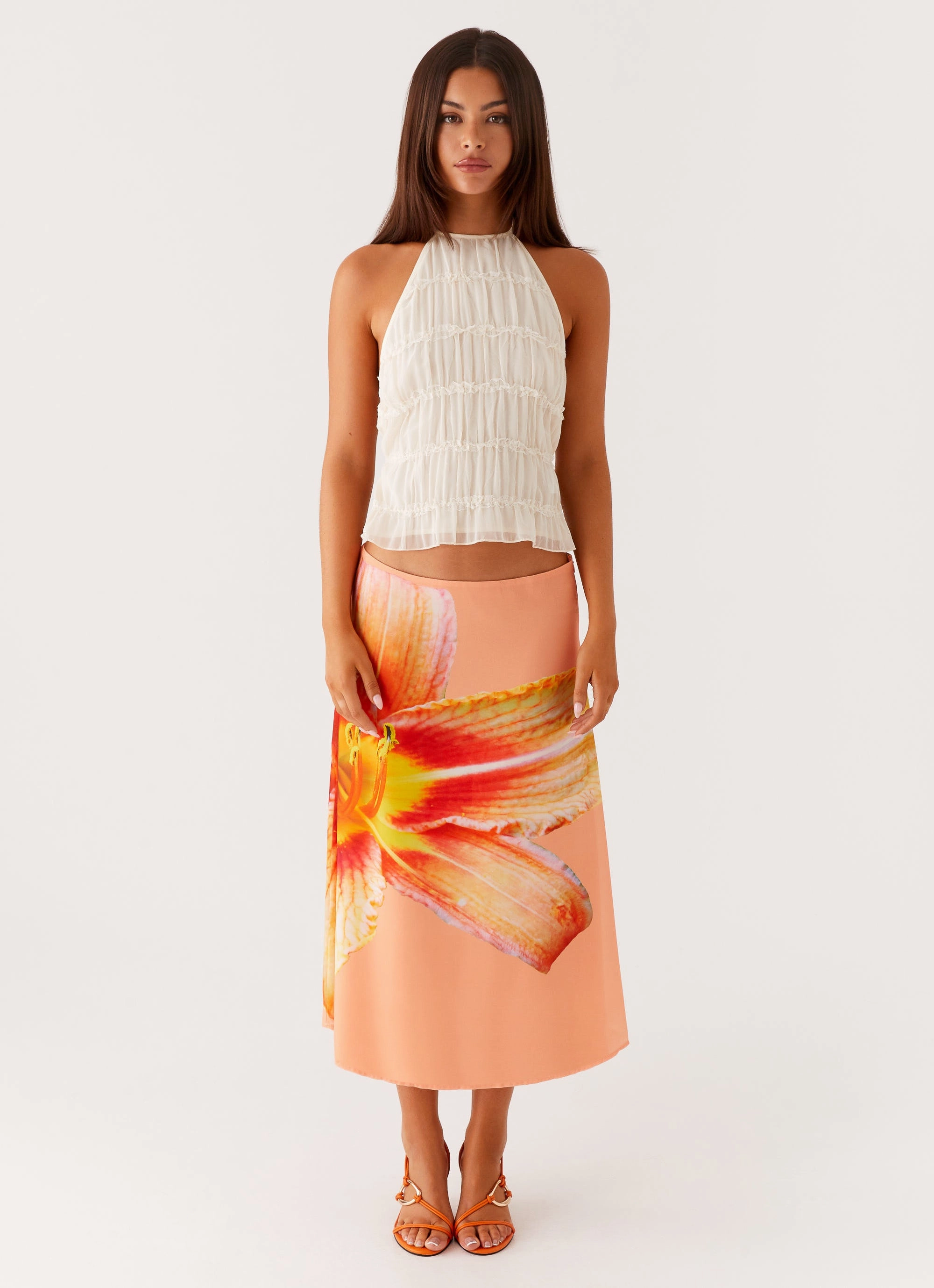 Summertime Midi Skirt - Orange Floral Ventilated Mesh Lining Day-to-Day Wear