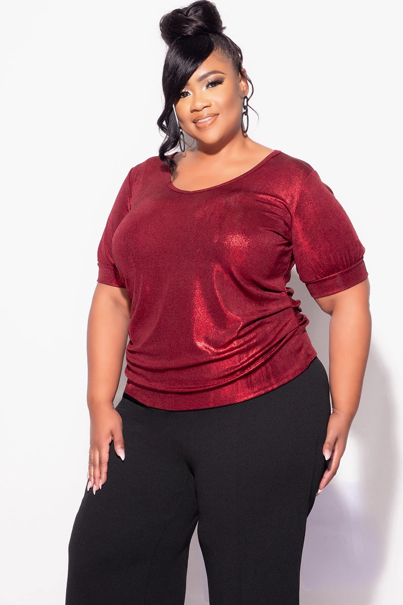 Final Sale Plus Size Blouse in Metallic Red Printed top Hidden Button Placket
