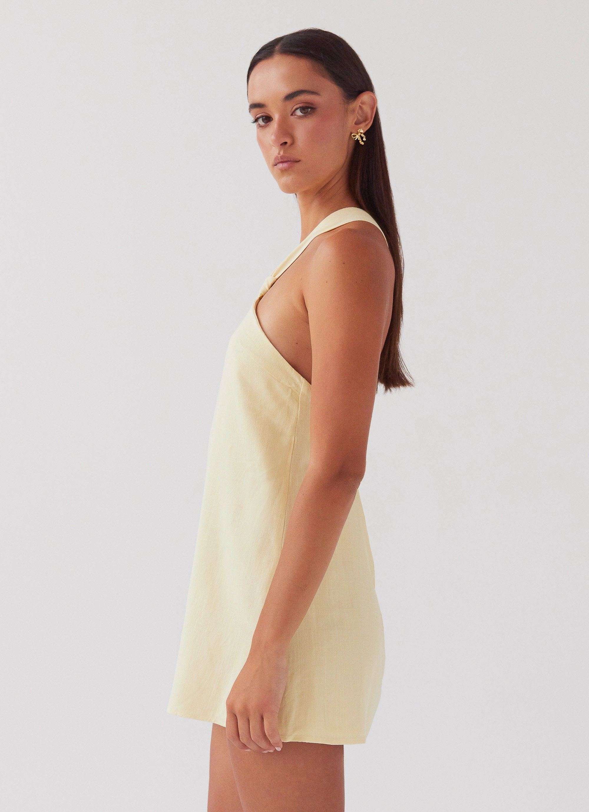 Side Slit Keira Linen Mini Dress - Lemon