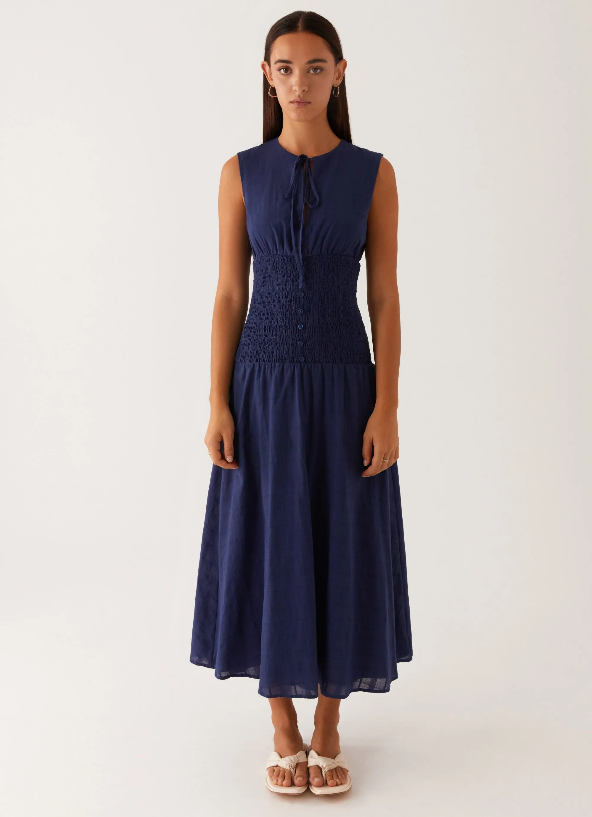 Versatile Piece Belle Shirred Waist Midi Dress - Navy