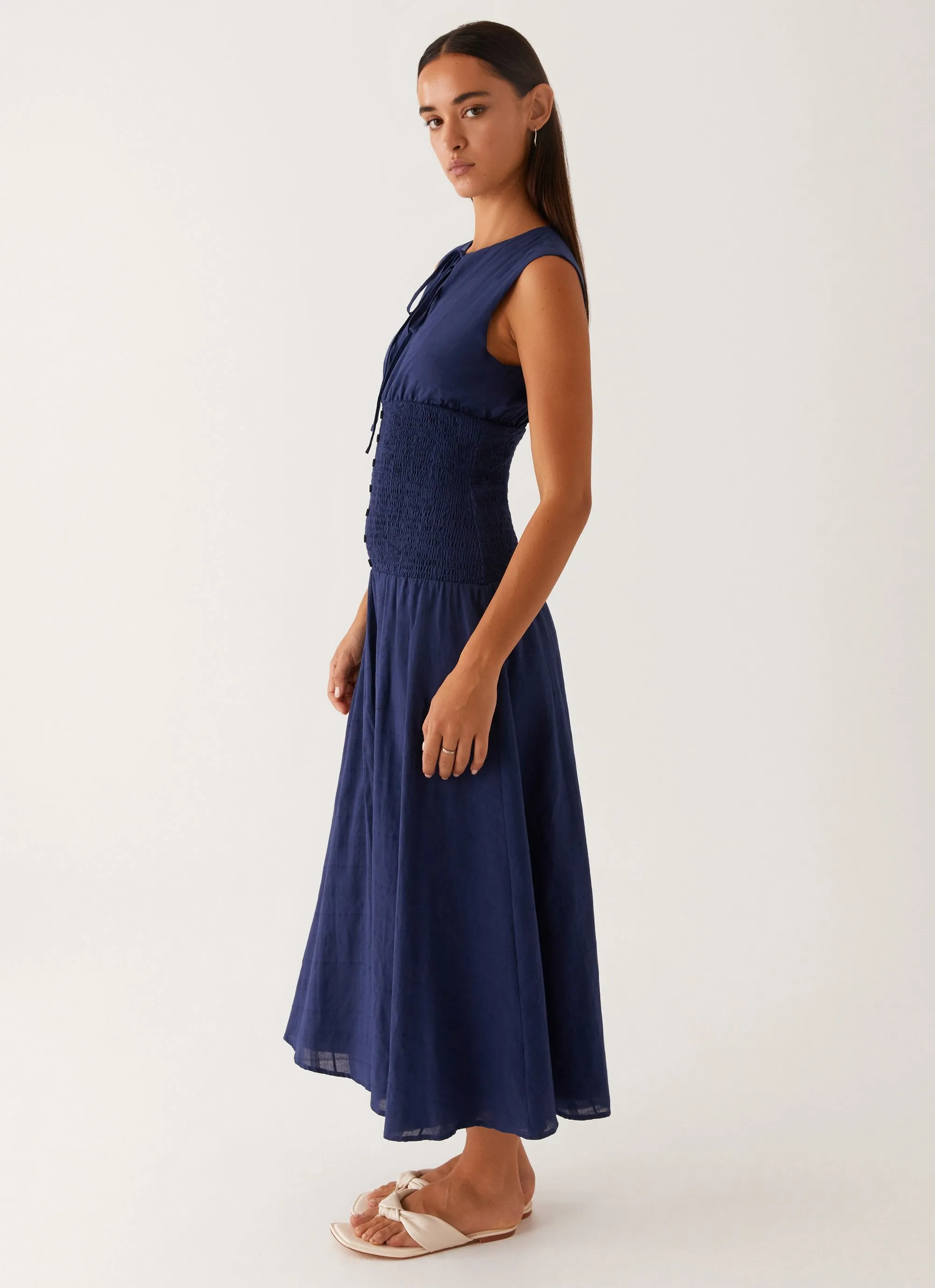 Chilly Comfort Belle Shirred Waist Midi Dress - Navy
